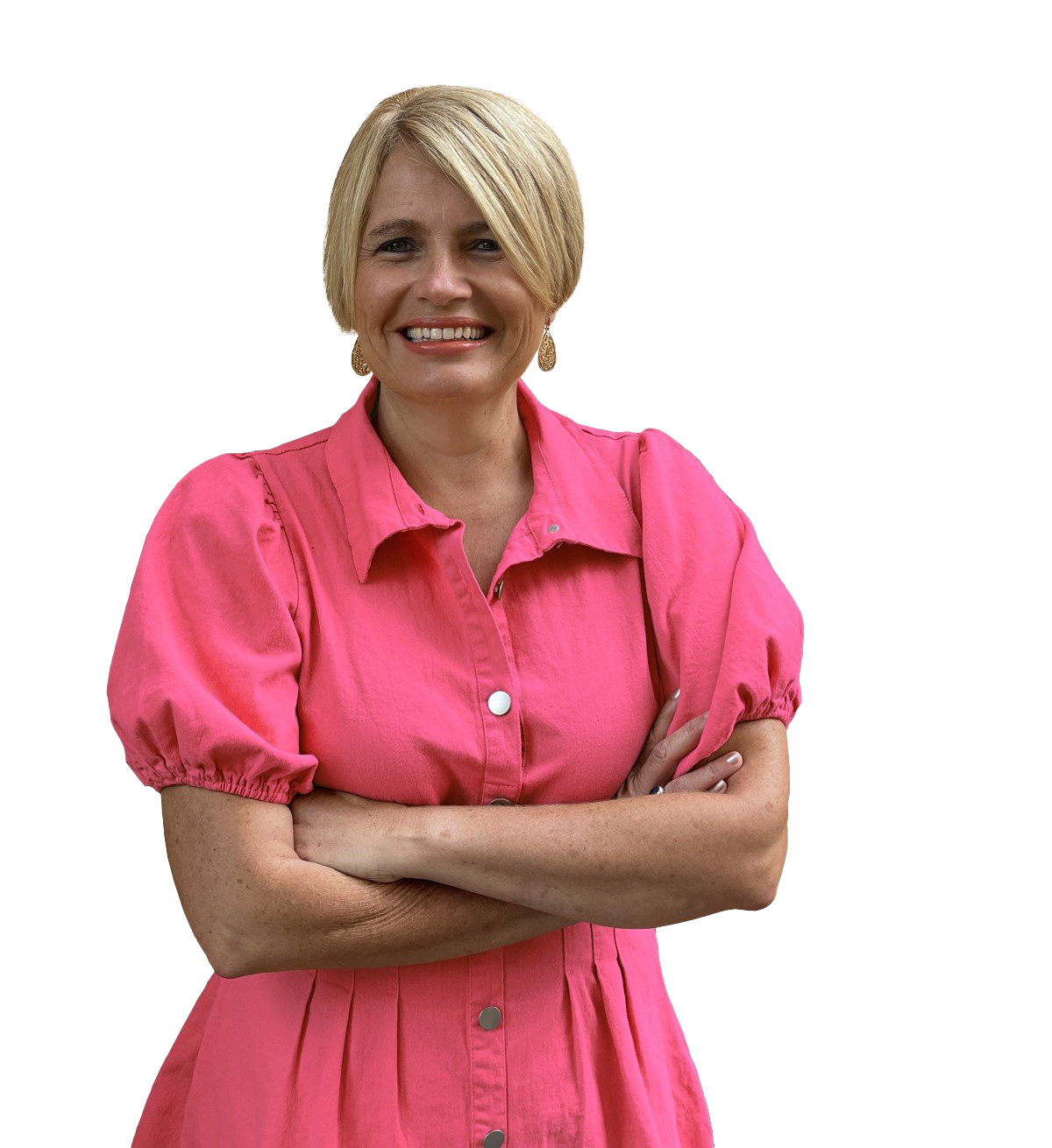 jenny vile wearing a pink dress, arms crossed